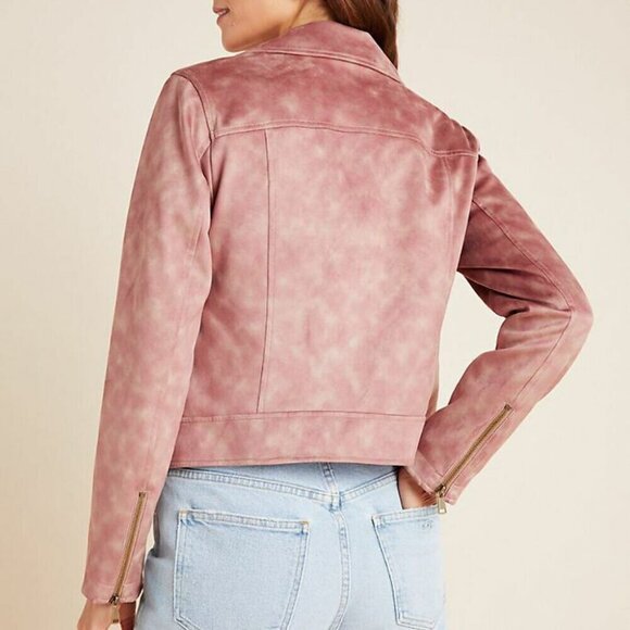 Anthropologie Moto Jacket Womens Pink Crop Micro Suede Leather Tie Dye - Picture 3 of 9